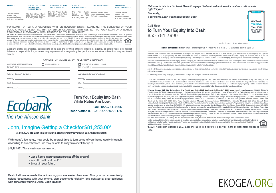 Relevé de prêt hypothécaire de la Banque Ecobank du Togo aux formats Word et PDF, 4 pages 3, 4